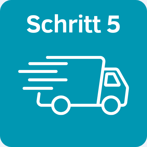 Ein weißes Symbol eines fahrenden Lieferwagens befindet sich in der Mitte auf einem blaugrünen Hintergrund. Über dem Lkw steht in fetten weißen Buchstaben der Text "Schritt 5".
