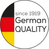 Ein rundes Logo mit einem schwarz-rot-gelben Muster auf der linken Seite und dem Text „seit 1919 German QUALITY“ auf der rechten Seite.