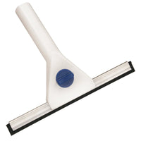 The WINDOW SQUEEGEE, WHITE WITH A SPECIAL RUBBER BLADE by Haug Bürsten KG, with a white body, a black special rubber lip, and a blue central adjustment knob—on a white background—is ideal for streak-free cleaning.