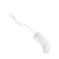 The Haug Bürsten KG BABY BOTTLE BRUSH, NYLON 6.0 WHITE, ø0.35 mm soft, 310 x ø50 mm features a white, soft nylon brush head with a twisted metal shaft and a plastic handle with a hanging hole—ideal for easily cleaning baby bottles.