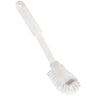 THE GENTLE SCRATCH BRUSH by Haug Bürsten KG is a white nylon 6.6 dish brush (ø 0.40 mm, medium) with a long handle and a hanging hole, ideal for gentle cleaning. Dimensions: 275 x 60 x 20 mm.
