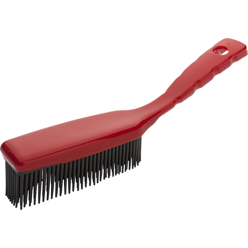 Der Haug Bürsten KG Gumminoppenhandfeger rot (1 Stück) hat einen langen roten Kunststoffstiel mit Aufhängeloch und schwarzen Borsten, ideal für die Reinigung glatter Oberflächen. Abgebildet auf weißem Hintergrund.