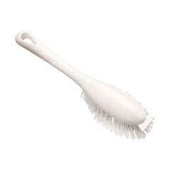 The Haug Bürsten KG STIELBÜRSTE MIT KURZEM GRIFF PBT is a white plastic cleaning brush with stiff PBT bristles, a short, curved handle, and a hole at the end for easy hanging.