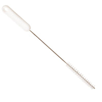 The Haug Bürsten KG PIPE BRUSH, HARD PBT, 305xø15x80mm features a white handle, a long metal shaft, and stiff cylindrical bristles—ideal for cleaning narrow objects such as bottles or for unclogging pipes.