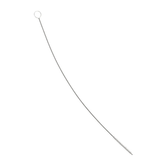 Die Haug Bürsten KG SCHLAUCHBÜRSTE, PBT transparent ø0,20mm hart, 350 x ø5 x 50mm ist eine lange, dünne Metallbürste mit einem Schlaufengriff und abgewinkelten PBT-Borsten, ideal zum Reinigen von Schläuchen und Rohren; abgebildet auf weißem Grund.