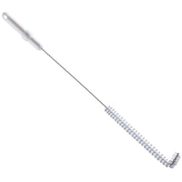 The Haug Bürsten KG Pipe Brush, L-Shape, PBT, Transparent (ø0.35 mm, medium, 570 x ø20 x 55 mm) features a long handle and stiff bristles that are curved at the ends, making it perfect for the precise cleaning of bottles or narrow containers and other pipe-cleaning tasks.