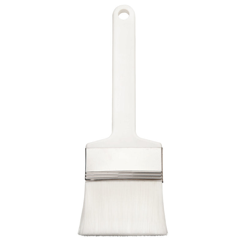 Die Haug Bürsten KG FLACHPINSEL,PBT WEIß GESPITZT ø 0,25MM WEICH (230x70x50mm) verfügt über weiche weiße PBT-Borsten, eine Metallzwinge und einen Kunststoffgriff mit Aufhängeloch, der aufrecht vor einem weißen Hintergrund abgebildet ist.