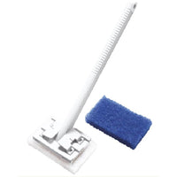 The LANGSTIEL GRILL CLEANER PA GF, 425 x 155 x 65 mm, 2 pads from Haug Bürsten KG features a white, long-handled body with a rectangular cleaning pad next to a blue scrub pad for effective grill cleaning against a white background.