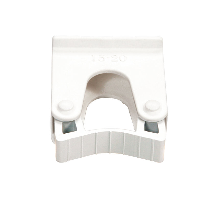 Un SOPORTE DE MANGO DE REPUESTO de plástico blanco 15-20MM (60x35x73mm) de Haug Bürsten KG, para Art. 8699; con parte superior rectangular, parte de corte curva y marcas de tamaño "15-20", compatible con tubos para un reemplazo fácil.