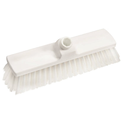 Der BESEN, PBT WEICH 300X70X50MM, UNGESCHLITZT von Haug Bürsten KG ist ein weißer Besen mit weichen, in Reihen angeordneten Borsten aus PBT und rechteckigem Kopf mit zentraler Stielöffnung. Ideal für die effektive Reinigung.
