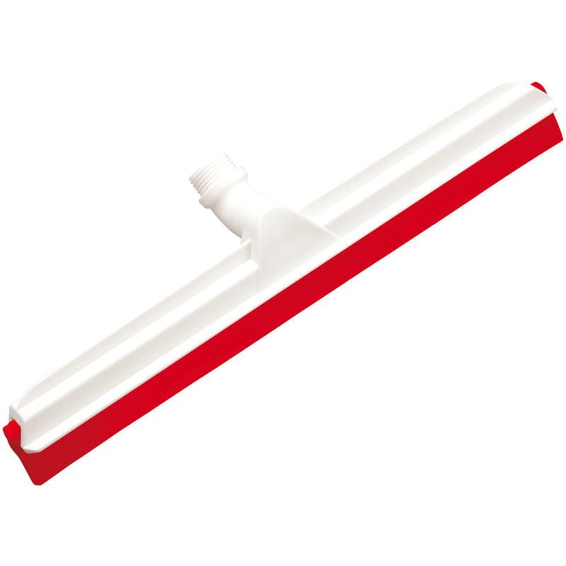 The JOINT WATER SQUEEGEE, 2-lip food grade, 560x43x22mm from Haug Bürsten KG is a white plastic floor squeegee with red rubber blade and threaded attachment, ideal for the food industry.