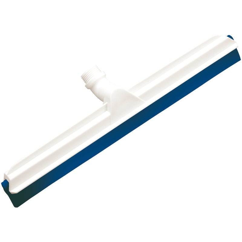 The Haug Bürsten KG JOINT WATER SQUEEGEE, 2-lip food grade, 560x43x22mm is a white plastic floor squeegee with blue rubber blade and central threaded socket, ideal for use in the food industry.