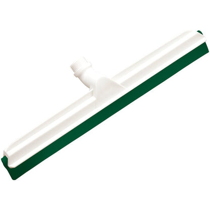 The Haug Bürsten KG JOINT WATER SQUEEGEE, 2-lip food grade, 560x43x22mm is a white plastic floor squeegee head with green rubber blade and threaded connection, ideal for the food industry.
