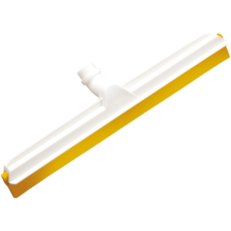 The Haug Bürsten KG JOINT WATER SQUEEGEE, 2-lip food grade, 560x43x22mm has a white-yellow head with central threaded socket for handle attachment, designed for the food industry and is set on a plain white background.