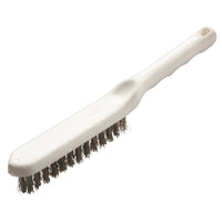 The Haug Bürsten KG WIRE BRUSH, STAINLESS STEEL WIRE V4A ø 0.30 MM HARD (285x30x26 mm) features a white handle with a hanging hole and dense bristles—ideal for cleaning metal. Shown against a solid white background.