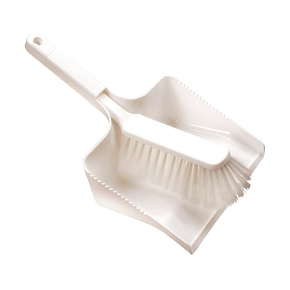 La KEHRGARNITUR, PBT UNGESCHL, 350X222X110MM de Haug Bürsten KG cuenta con cerdas rígidas de PBT para limpiar; el cepillo encaja en el recogedor, y ambos tienen mangos estriados para un agarre cómodo.