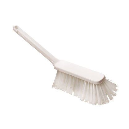 El CEPILLO DE MANO de Haug Bürsten KG es un cepillo de limpieza de plástico blanco con cerdas suaves de PBT ranuradas de ø 0,25 mm y dimensiones de 310x40x50 mm. Cuenta con un mango largo con orificio para colgar y cerdas densamente empaquetadas inclinadas hacia afuera para una limpieza efectiva.