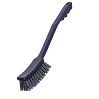 The METDEC PREM. HANDLE BRUSH from Haug Bürsten KG features gray-blue PBT bristles and a long handle measuring 400x48x35 mm with a curved, textured grip for effective cleaning, shown against a white background.