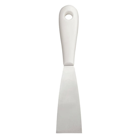 La ESPÁTULA CON MANGO DE PLÁSTICO, ACERO INOXIDABLE, INOXIDABLE de Haug Bürsten KG convence con una hoja de acero inoxidable plana y rectangular, un mango de plástico blanco sólido y un orificio para colgar - duradero y versátil en su uso.