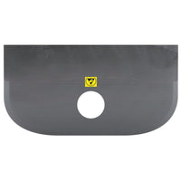 Close-up of the Haug Bürsten KG ESD SCHABER GROß, PP, FLEXIBEL in black (230x118 mm), with rounded edges, a center hole, and a yellow warning symbol—ideal for use in electrostatic-protected areas.