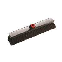 The IN-UP LARGE-AREA BROOM from Haug Bürsten KG features a 400x60x60mm soft horsehair/polyester head with dark bristles, a black base, and a red L-shaped connector for easy attachment to the handle—ideal for indoor cleaning and delicate floor coverings.