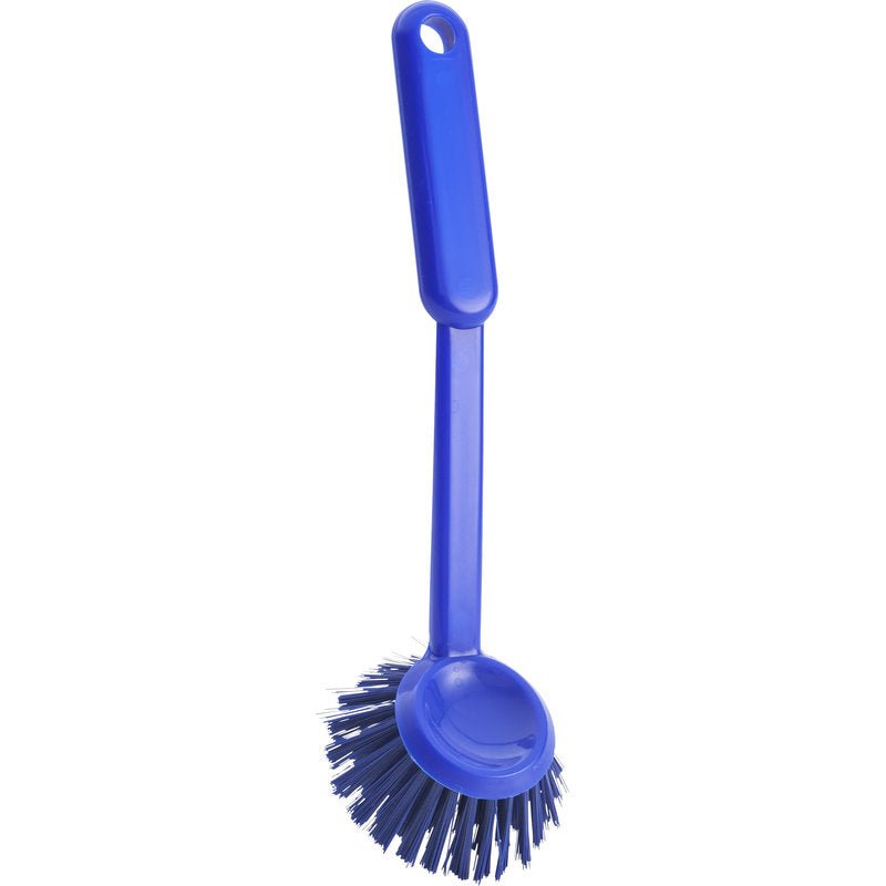 El CEPILLO REDONDO PARA LAVAR de Haug Bürsten KG tiene cerdas duras de 0,35mm, una cabeza redonda (255xø70x23mm) y un mango con orificio para colgar - ideal para la limpieza de la cocina.