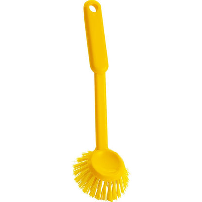 La Haug Bürsten KG CEPILLO REDONDO PARA LAVAR, ø 0,35MM DURO (255xø70x23mm), es un cepillo redondo amarillo con cerdas rígidas y un orificio para colgar - ideal para la limpieza efectiva de la cocina. Representado sobre un fondo blanco.