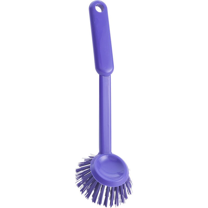 El Haug Bürsten KG CEPILLO REDONDO PARA LAVAR (ø0,35mm duro, 255xø70x23mm) es un cepillo morado de plástico con mango largo, cabeza redonda de cerdas duras y orificio para colgar - ideal para la limpieza de la cocina.