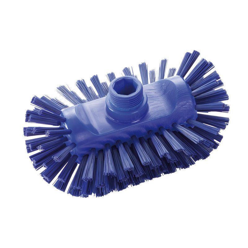 The Haug Bürsten KG BOILER BRUSH, ø 0.50MM, HARD (200x125x35mm), has a blue, oval design with hard bristles at the edge and a central threaded hole for handle attachment - perfect for cleaning boilers. Depicted on a white background.