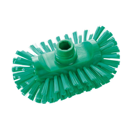 The Haug Bürsten KG BOILER BRUSH (ø 0.50mm, hard, 200x125x35mm) features hard bristles densely arranged around the green, oval head edge, and a central threaded hole for handle attachment - perfect for cleaning kettles.