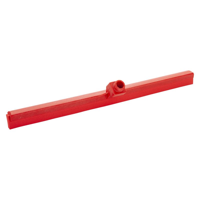 The Haug Bürsten KG WATER SQUEEGEE, FOOD GRADE, 1-LIP (620x35x25mm) features a red plastic blade with central plug, ideal for hygienic cleaning and perfect for wiping surfaces in the food industry.