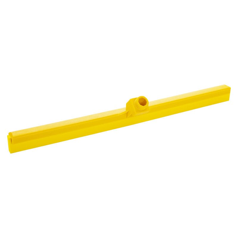The Haug Bürsten KG WATER SQUEEGEE, FOOD GRADE, 1-LIP, 620X35X25MM is a yellow plastic water scraper with central handle attachment, ideal for hygienic cleaning in the food industry, pictured on a white background.
