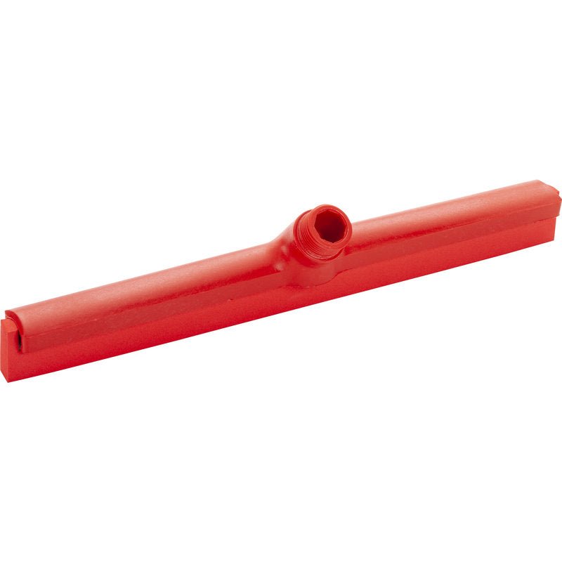 Un rojo Haug Bürsten KG WASSERSCHIEBER, 1-LIPPIG 420MM, LEBENSMITTELGUMMI cabezal de escobilla de goma con manga roscada central, representado sobre un fondo blanco.