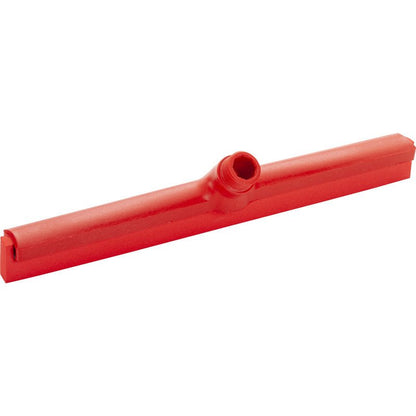 Un rojo Haug Bürsten KG WASSERSCHIEBER, 1-LIPPIG 420MM, LEBENSMITTELGUMMI cabezal de escobilla de goma con manga roscada central, representado sobre un fondo blanco.