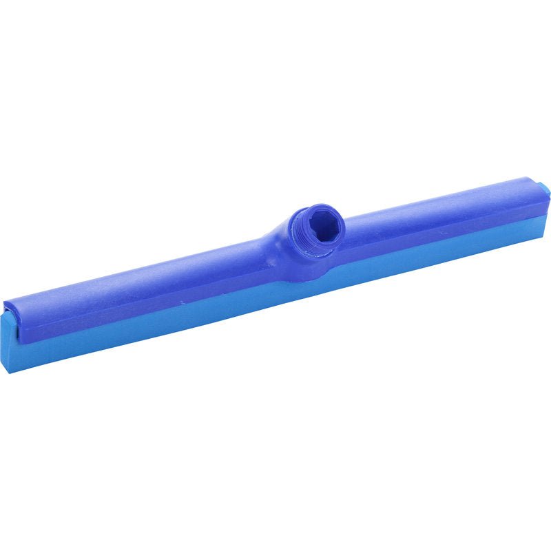 El Haug Bürsten KG WASSERSCHIEBER, 1-LIPPIG 420MM, LEBENSMITTELGUMMI es un cabezal de escobilla de goma de plástico azul con un casquillo central y una hoja de goma apta para alimentos, aislado sobre un fondo blanco.