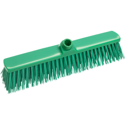 Der GROßRAUMBESEN, HART 400X60X65M von Haug Bürsten KG verfügt über steife, gerade Borsten und ein zentrales Stielloch. Er ist in Grün auf weißem Hintergrund abgebildet und eignet sich ideal zum Kehren großer Flächen.