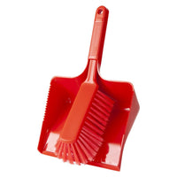 The SWEEPING SET, SOFT, 350MM from the Haug Bürsten KG consists of a red plastic set with a ribbed handle and a matching brush inside; the 350-mm brush provides effective cleaning with stiff bristles.