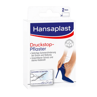 Envase del apósito Hansaplast Druckstop, de Beiersdorf AG, con la imagen de un pie de mujer con tacones altos, que promete aliviar el dolor por presión. El texto está en alemán y destaca la palabra «Schutzpol».