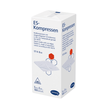 Ein Produktbild einer Schachtel Hartmann ES-Kompressen verschiedene Größen, unsteril, der Paul Hartmann AG, bei denen es sich um sterile Mullkompressen handelt. Die Schachtel enthält Text in Deutsch und Symbole, die die Produktgröße angeben.