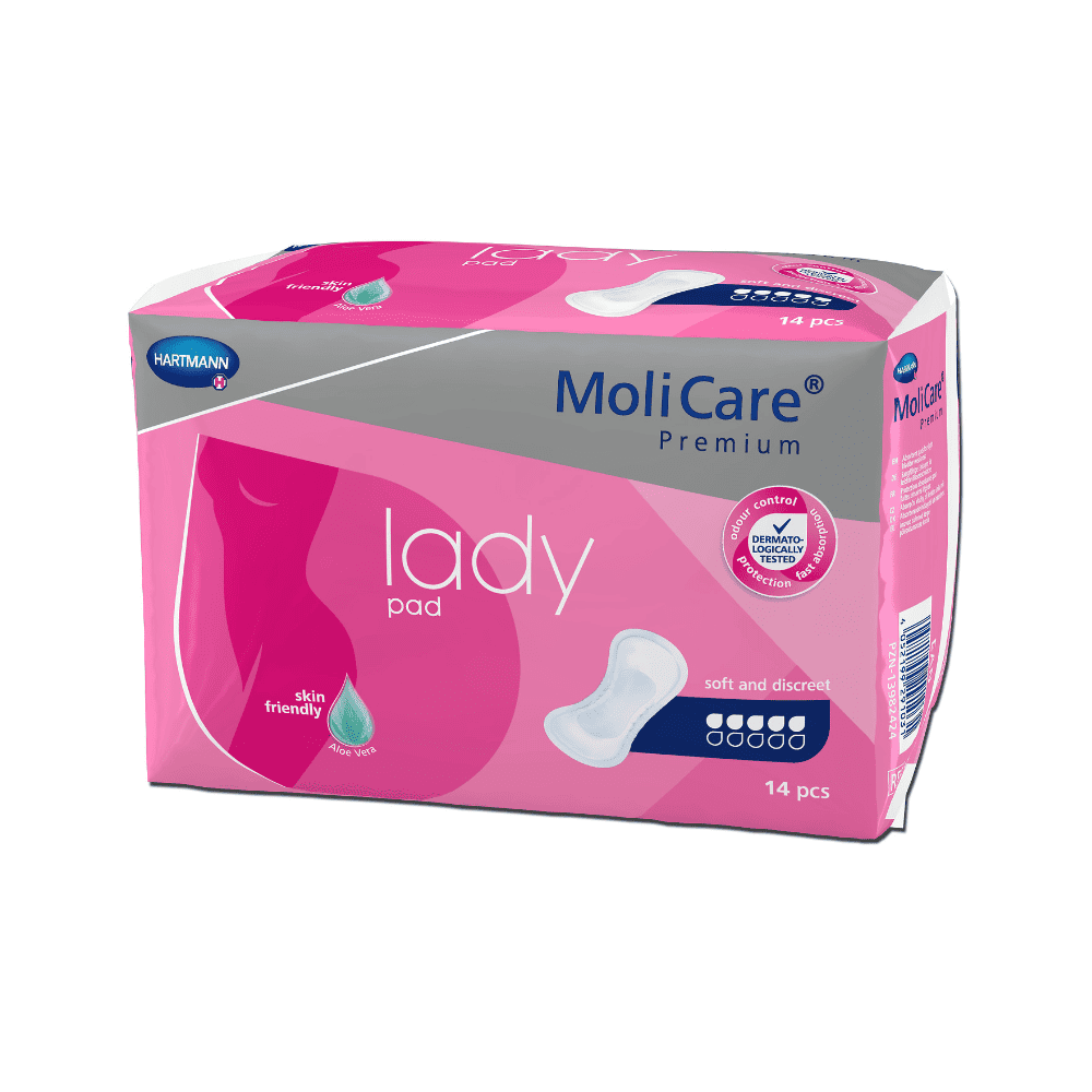 Un paquete de almohadillas Hartmann MoliCare® Premium Lady Pad con 14 unidades. El paquete es rosa y lila y tiene un símbolo de gota blanca que indica que es compatible con la piel para personas con incontinencia leve. El texto en el empaque incluye "suave y discreto" y el logo "Paul Hartmann AG" en la esquina superior izquierda.