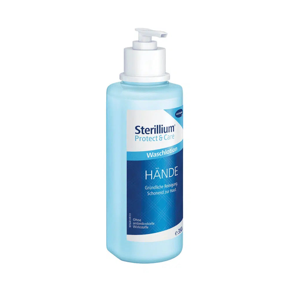 Den 350-ml pumpeflasken til Paul Hartmann AG Sterillium® Protect & Care vaskelotion har en blå etikett med tysk tekst som beskriver den som en pleiende håndvaskemiddel for grundig rengjøring.