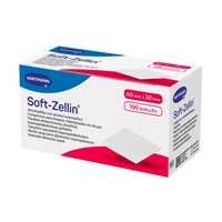 Una caja rectangular blanca con la inscripción «Hartmann Soft-Zellin Toallitas con alcohol – 100 unidades | Envase (100 unidades)» contiene 100 toallitas con alcohol de 60 mm x 30 mm, ideales para la limpieza de la piel antes de las inyecciones. La caja muestra el logotipo de Paul Hartmann AG y una imagen de una de las toallitas con alcohol. El texto de la caja está en varios idiomas.