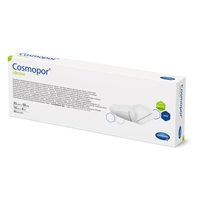 A box of sterile Cosmopor® silicone dressings from Paul Hartmann AG, featuring product details and the brand logo on a white background. The box is labeled with dimensions and quantity and highlights a new, improved formula.