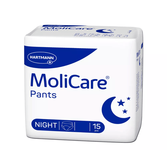 Los pantalones para la incontinencia Hartmann MoliCare Pants Night, de Paul Hartmann AG, se presentan en un discreto envase blanco y azul con medias lunas y estrellas, así como con la llamativa inscripción «Night». Están diseñados para la incontinencia urinaria, ofrecen una protección discreta y cada paquete contiene 15 unidades.
