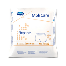 Eine 100er-Packung Hartmann MoliCare® Fixpants Netzhose, Größe Large (80-120 cm) der Paul Hartmann AG, wird in einer überwiegend weißen Verpackung mit blauen und orangefarbenen Akzenten und einer Abbildung zur Verwendung mit Inkontinenzeinlagen geliefert.