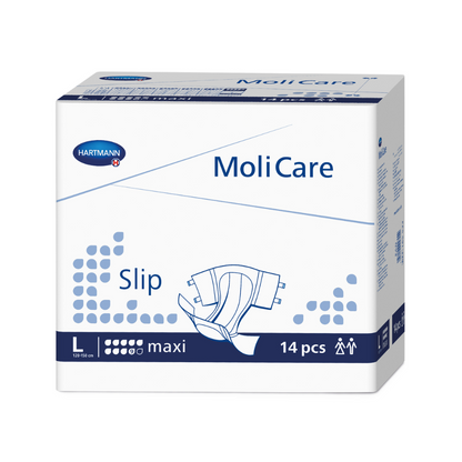 Una caja de pañales para adultos Hartmann MoliCare® Slip maxi 9 gotas de Paul Hartmann AG en talla L, contenido 14 piezas, empaque predominantemente blanco y azul con gráficos del producto y texto.