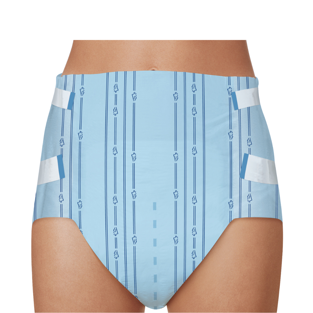 Ropa interior de incontinencia azul claro con patrón de rayas y pequeños símbolos, que se muestra desde la cintura hasta los muslos sobre un fondo blanco. Este Paul Hartmann AG MoliCare® Slip maxi 9 gotas ofrece una protección muy alta.