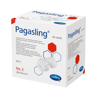 Una caja de compresas de gasa Hartmann Pagasling® para vendajes, con un diseño en blanco y azul que incluye información sobre el producto e ilustraciones de compresas de gasa conformes a la norma EN 14079 sobre gasa para vendajes. El embalaje