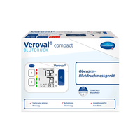 Un embalaje del tensiómetro Veroval® Compact de Paul Hartmann AG en el que aparece el propio aparato, que muestra una pantalla digital con los valores de la presión arterial. El texto está en alemán y hace hincapié en la seguridad y la precisión.