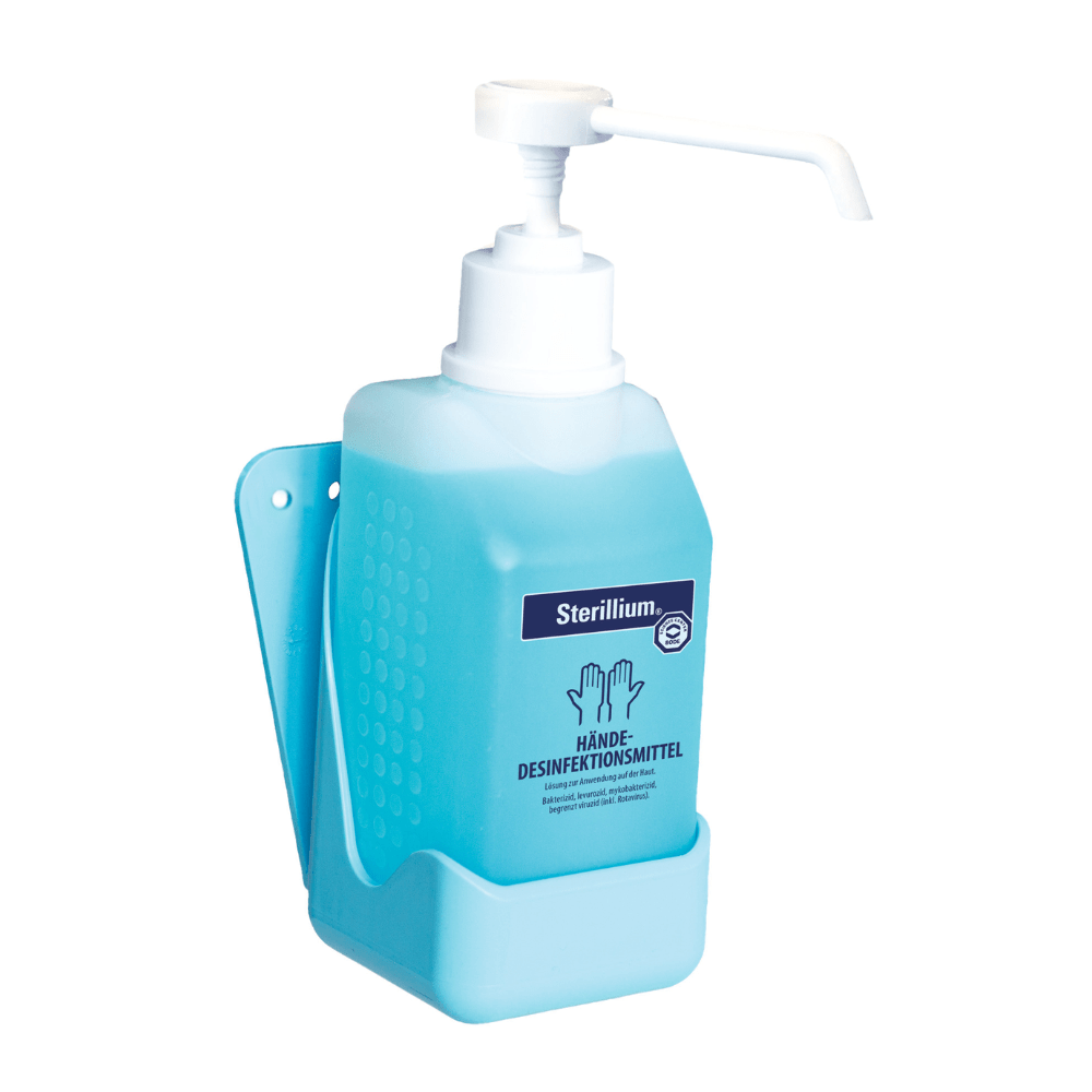 A 2-pack of Hartmann wall holder hands by Paul Hartmann AG, designed for 500 ml bottles, color blue. Includes mounting material for wall installation; suitable for safe and convenient dispenser use.